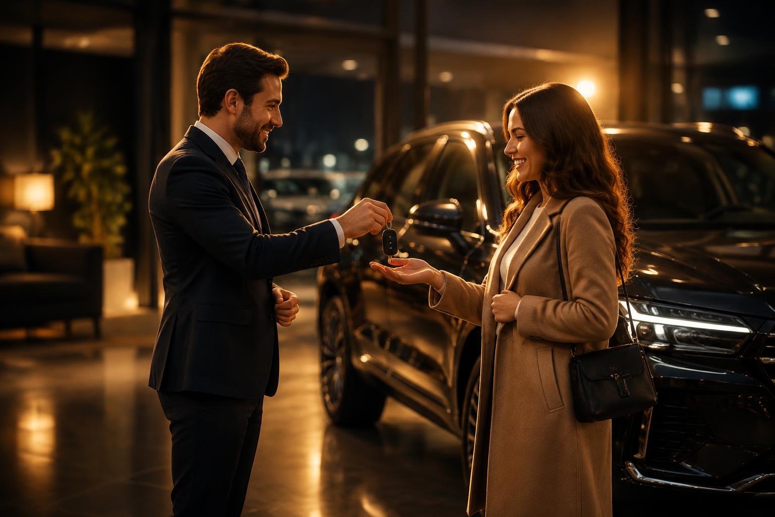 A salesperson handing keys to a customer in a dealership delivery bay