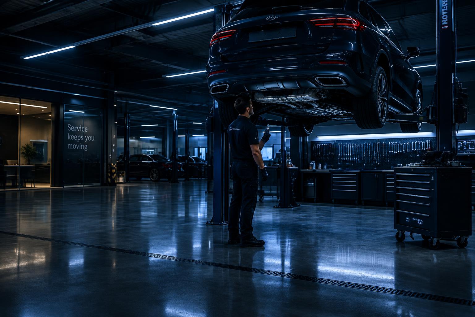 A technician inspecting a vehicle on a hoist in a dealership workshop